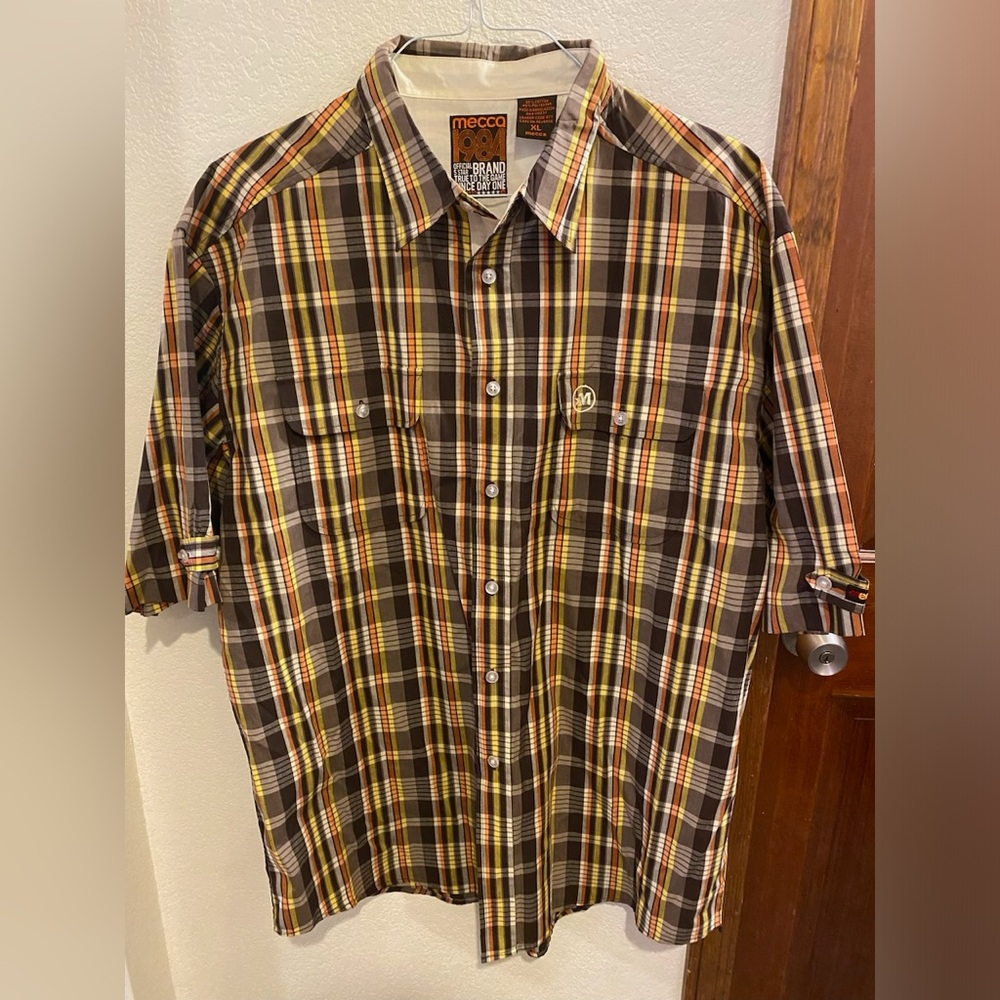 Mecca Mens Shirt Button Down  XLarge Brown Orange Tan Check 100% Cotton